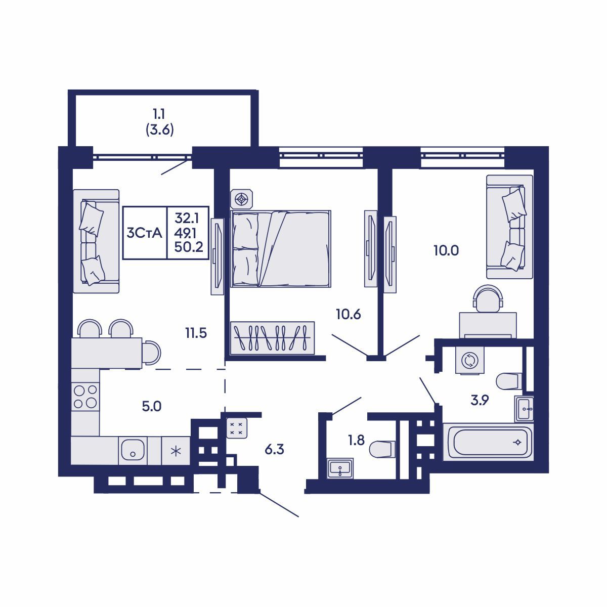 3-комнатная, 50.2 м², № 823 в GORIZONT (Горизонт)