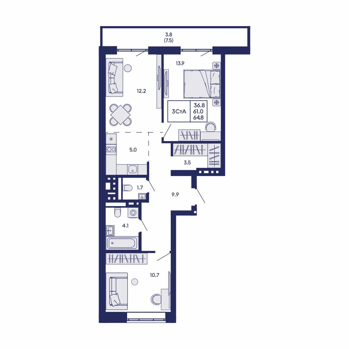 3-комнатная, 64.8 м², № 928 в GORIZONT (Горизонт)