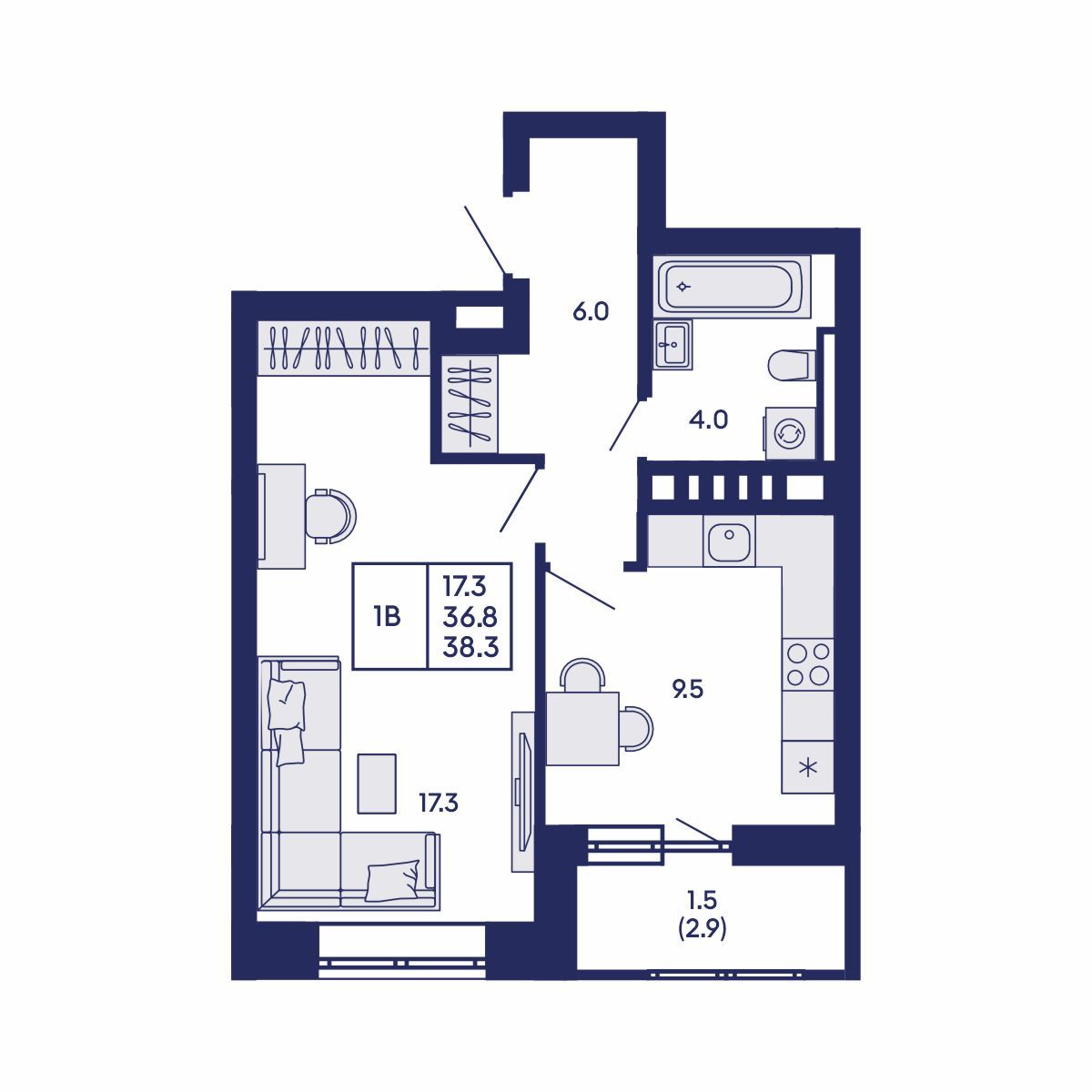 1-комнатная, 38.3 м², № 711 в GORIZONT (Горизонт)
