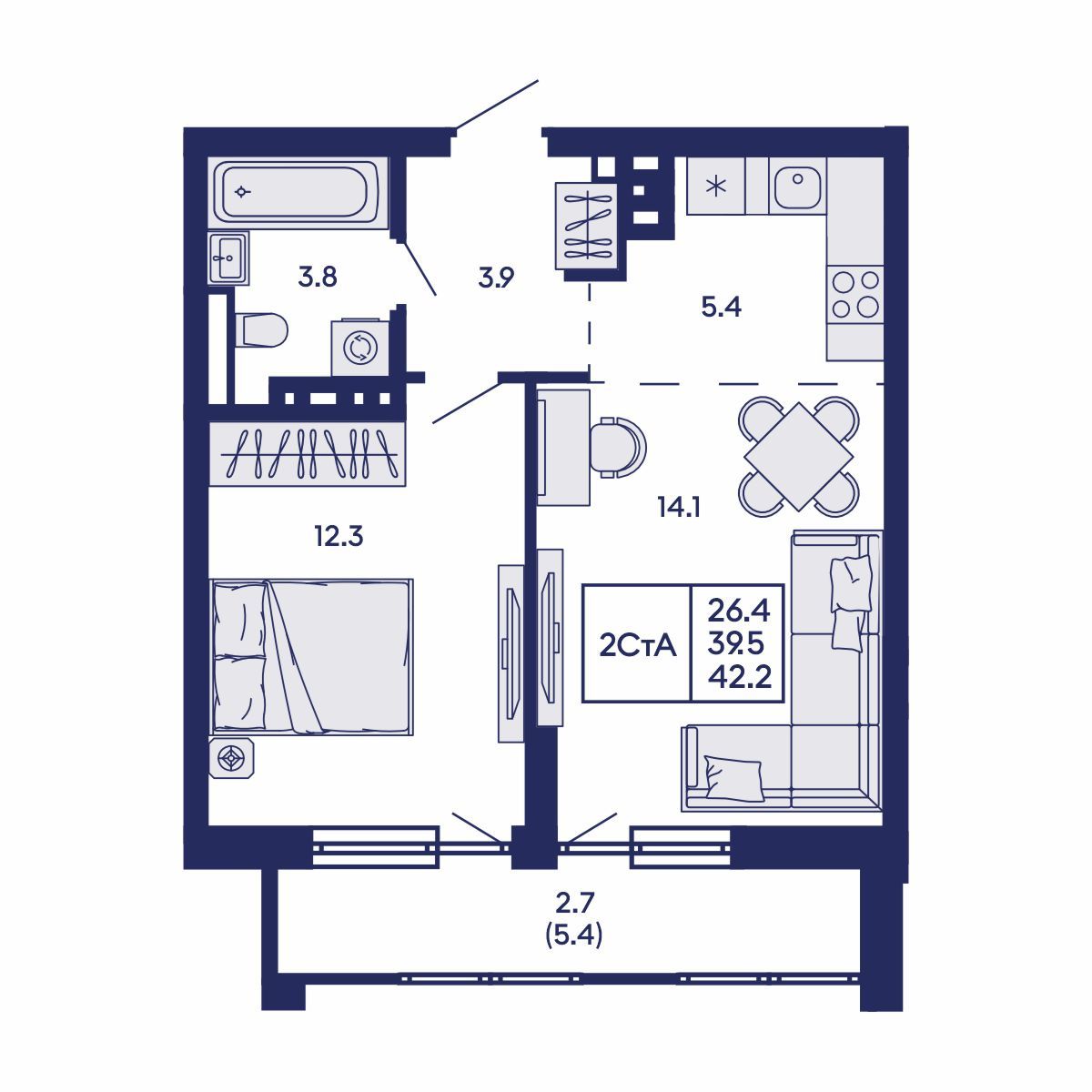 2-комнатная, 42.2 м², № 730 в GORIZONT (Горизонт)