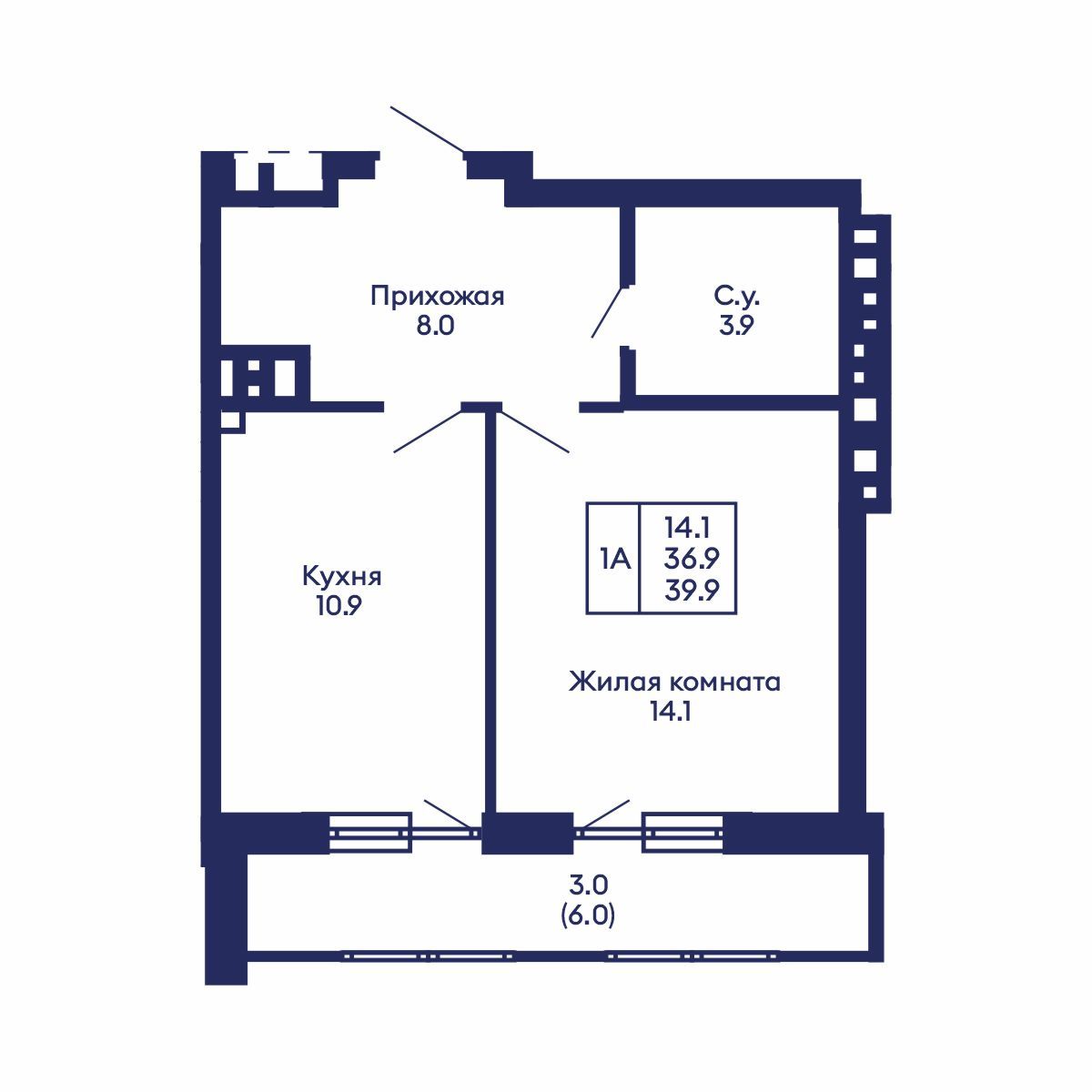 1-комнатная, 39.9 м², № 819 в GORIZONT (Горизонт)