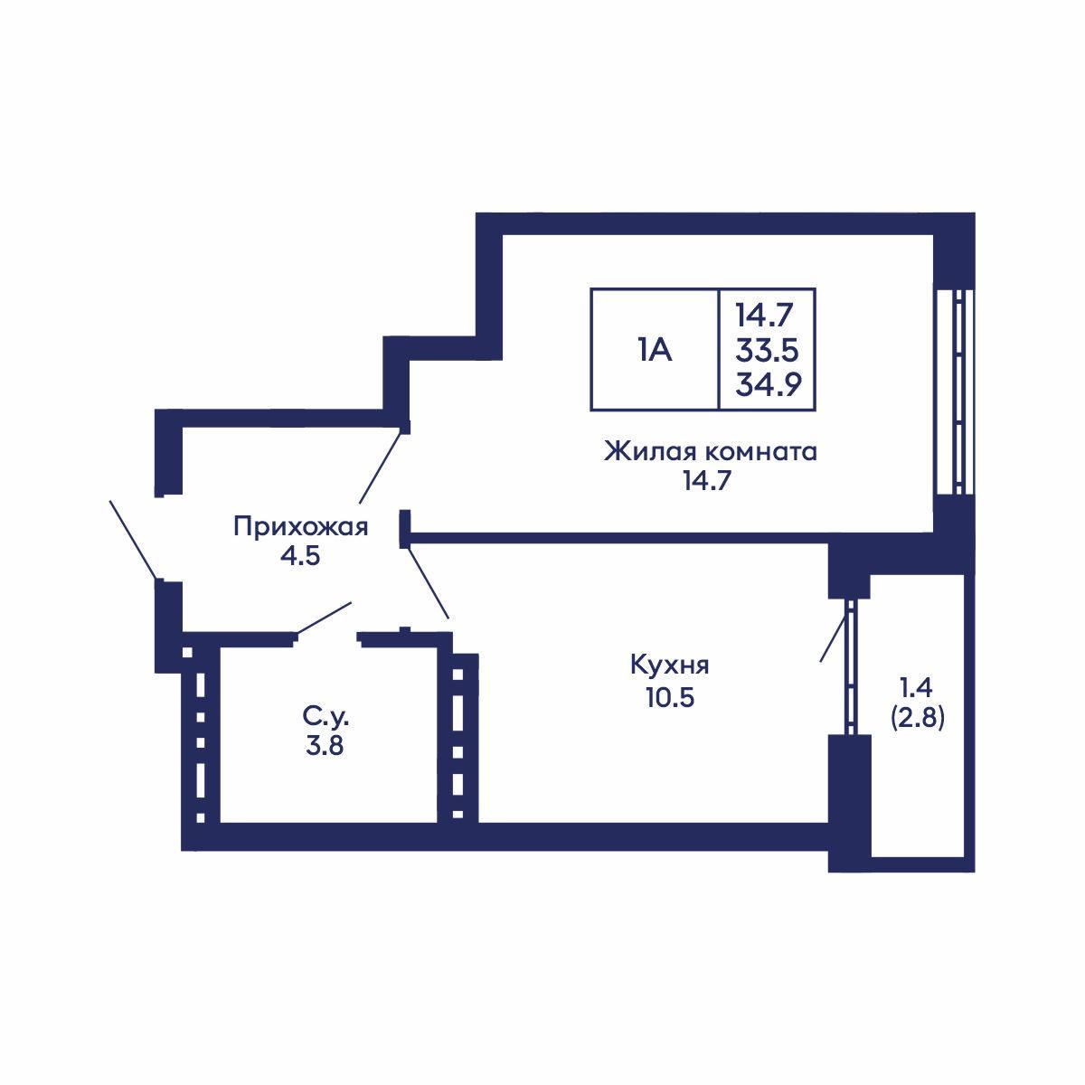 1-комнатная, 34.9 м², № 924 в GORIZONT (Горизонт)