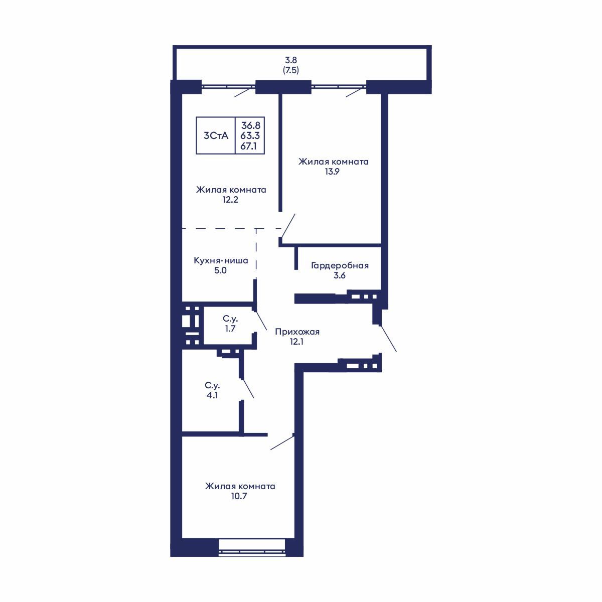 3-комнатная, 67.1 м², № 914 в GORIZONT (Горизонт)