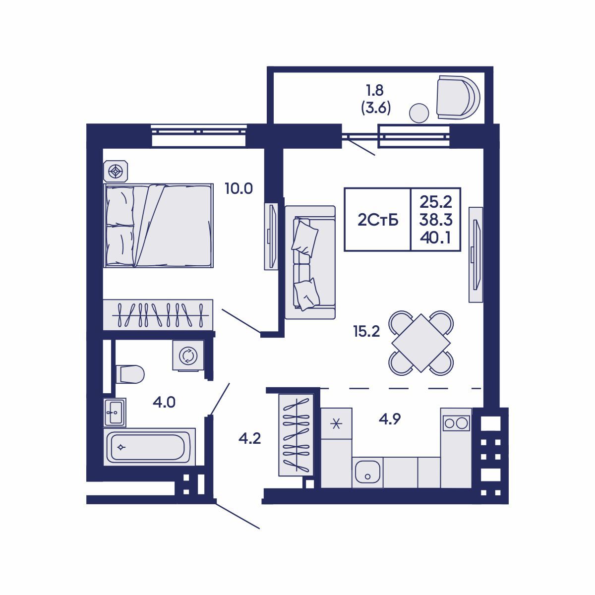 2-комнатная, 40.1 м², № 685 в GORIZONT (Горизонт)