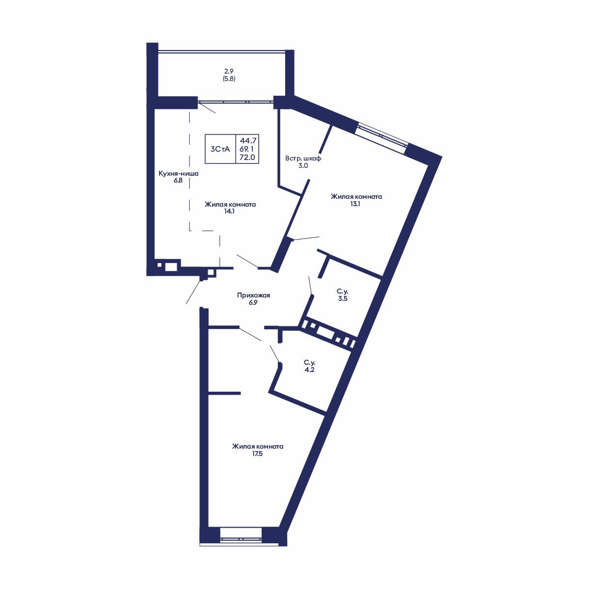 3-комнатная, 72 м², № 549 в GORIZONT (Горизонт)