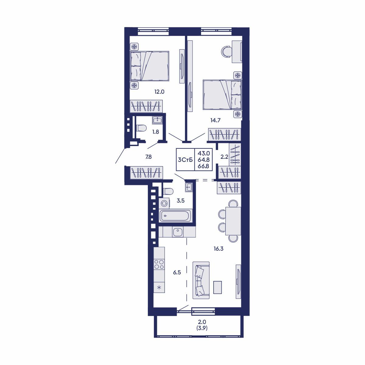 3-комнатная, 66.8 м², № 827 в GORIZONT (Горизонт)