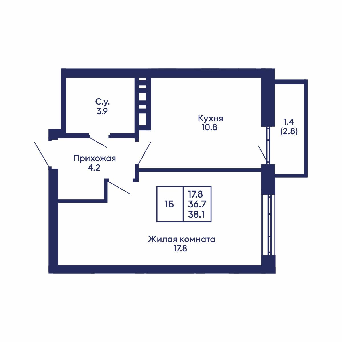 1-комнатная, 38.1 м², № 911 в GORIZONT (Горизонт)