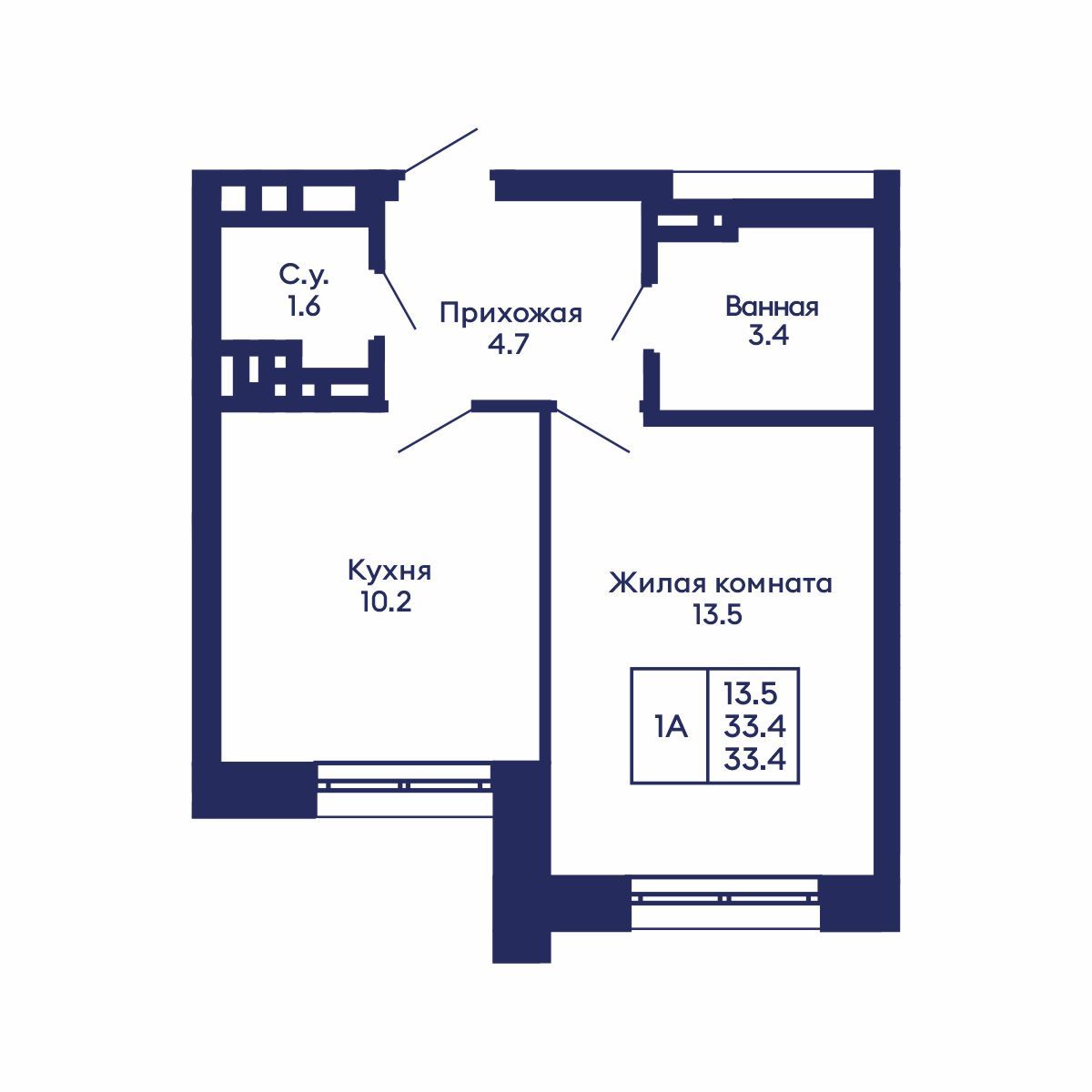 1-комнатная, 33.4 м², № 561 в GORIZONT (Горизонт)