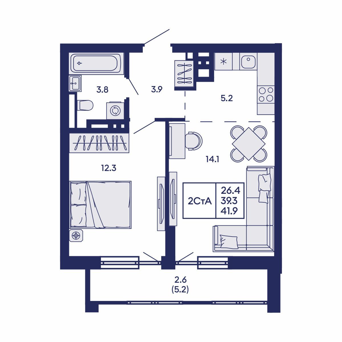 2-комнатная, 41.9 м², № 829 в GORIZONT (Горизонт)