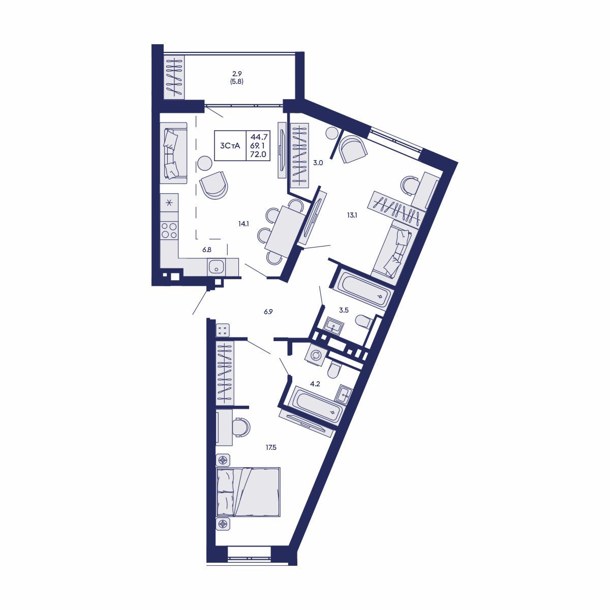 3-комнатная, 72 м², № 537 в GORIZONT (Горизонт)