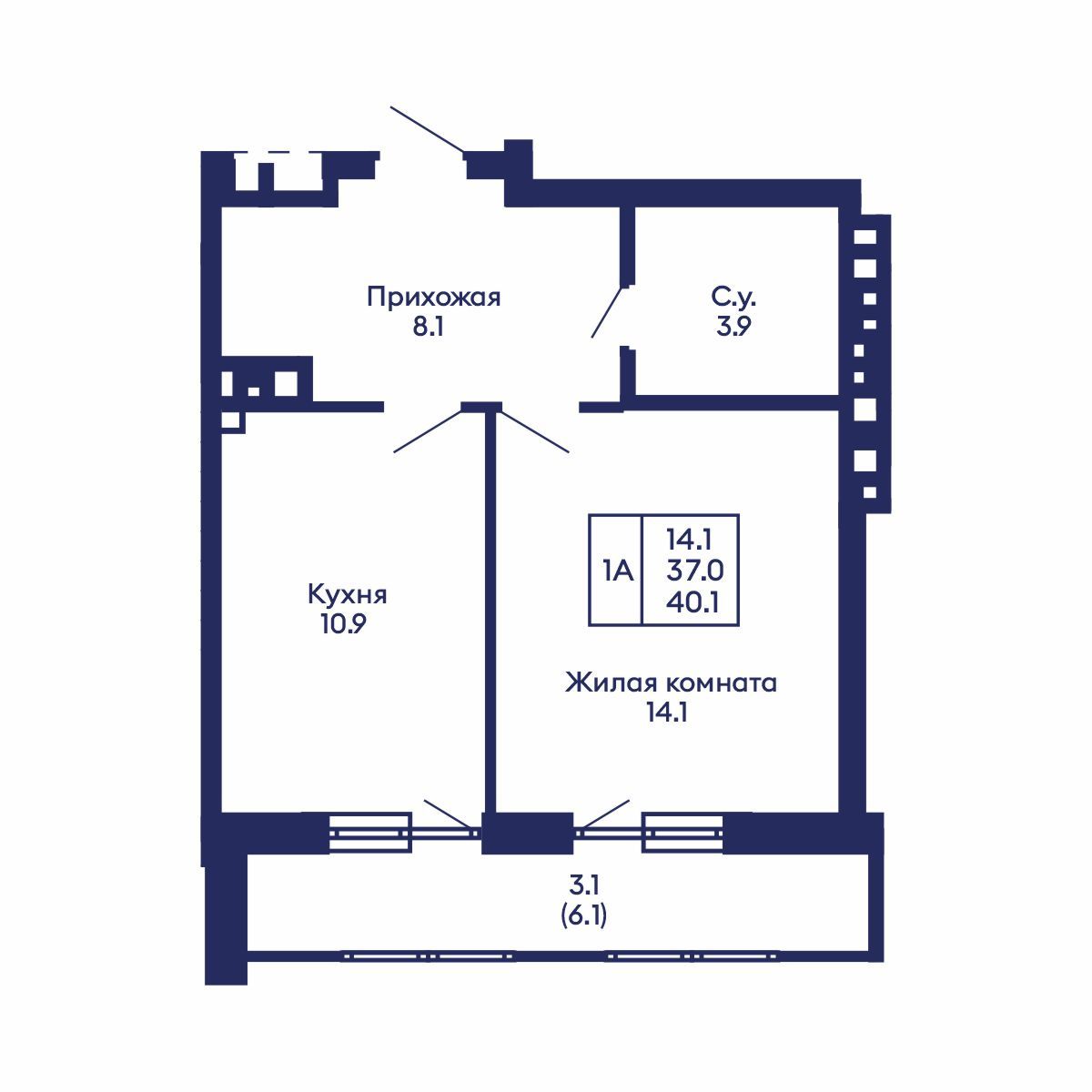 1-комнатная, 40.1 м², № 792 в GORIZONT (Горизонт)