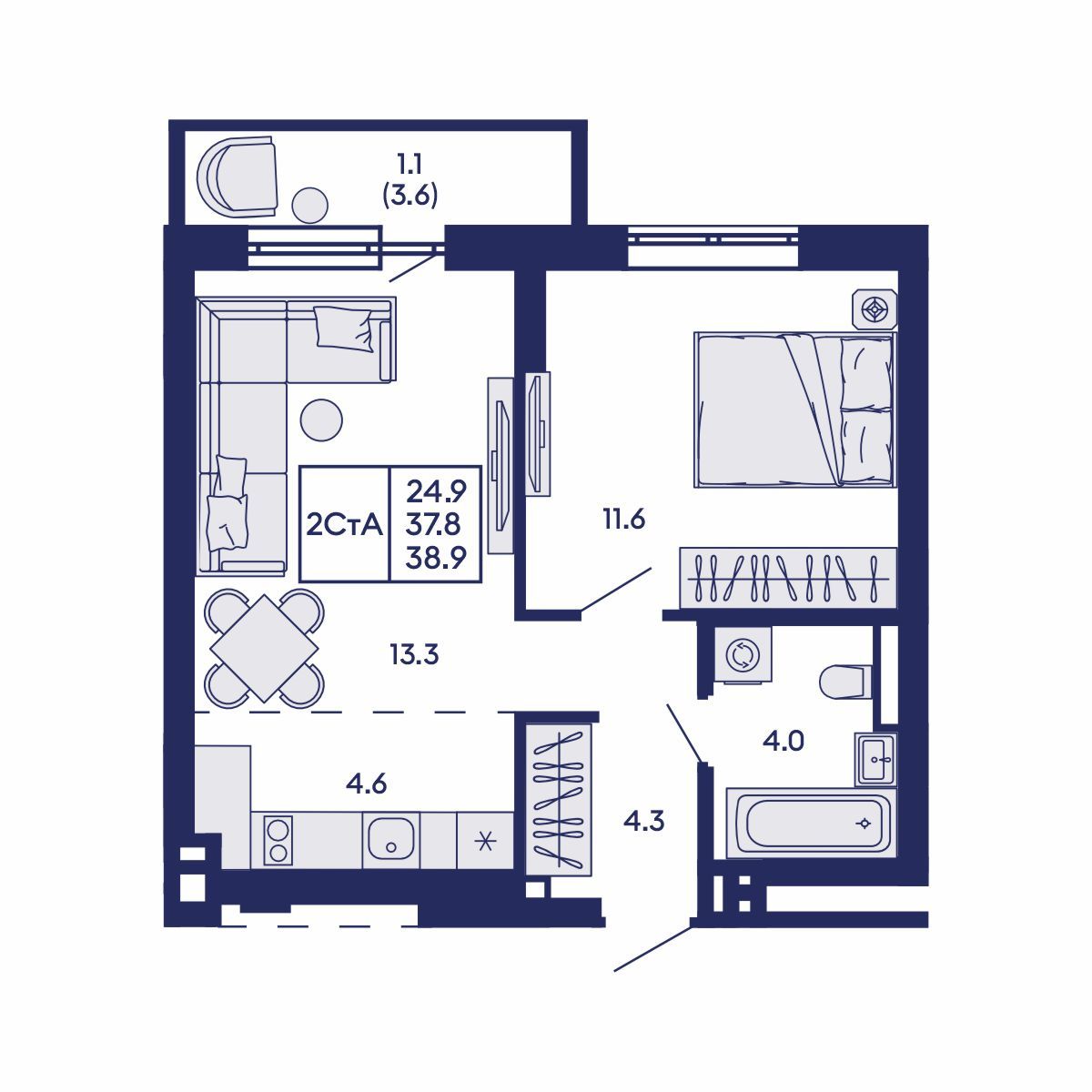 2-комнатная, 38.9 м², № 651 в GORIZONT (Горизонт)