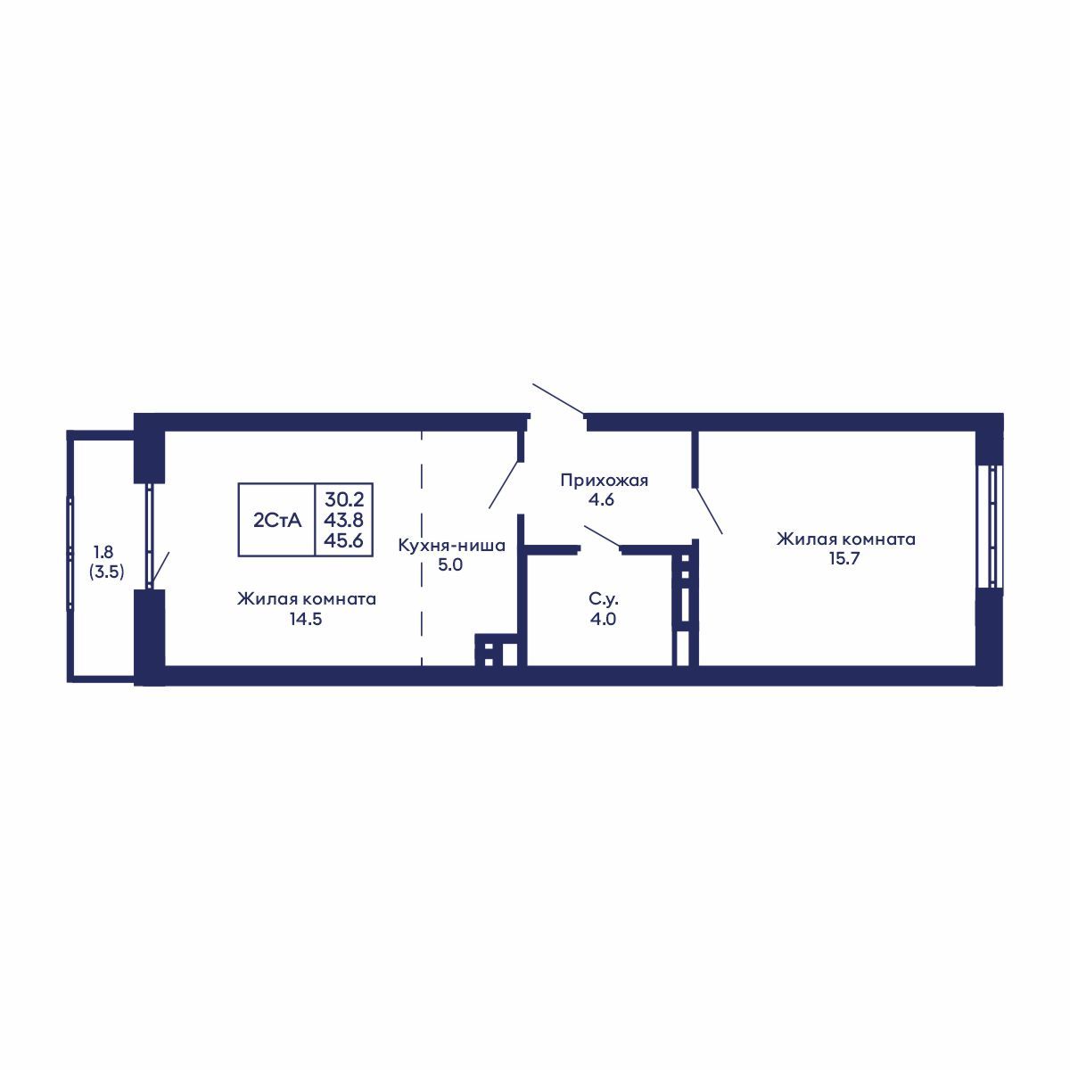 2-комнатная, 45.6 м², № 919 в GORIZONT (Горизонт)