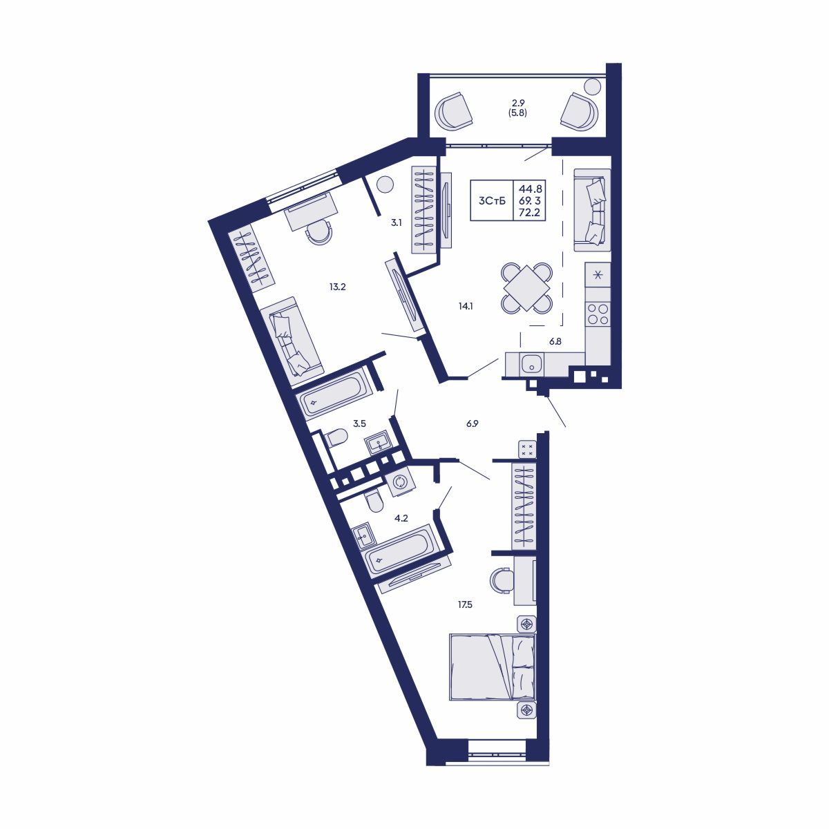 3-комнатная, 72.2 м², № 536 в GORIZONT (Горизонт)