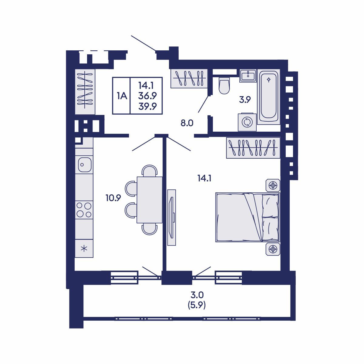 1-комнатная, 39.9 м², № 837 в GORIZONT (Горизонт)