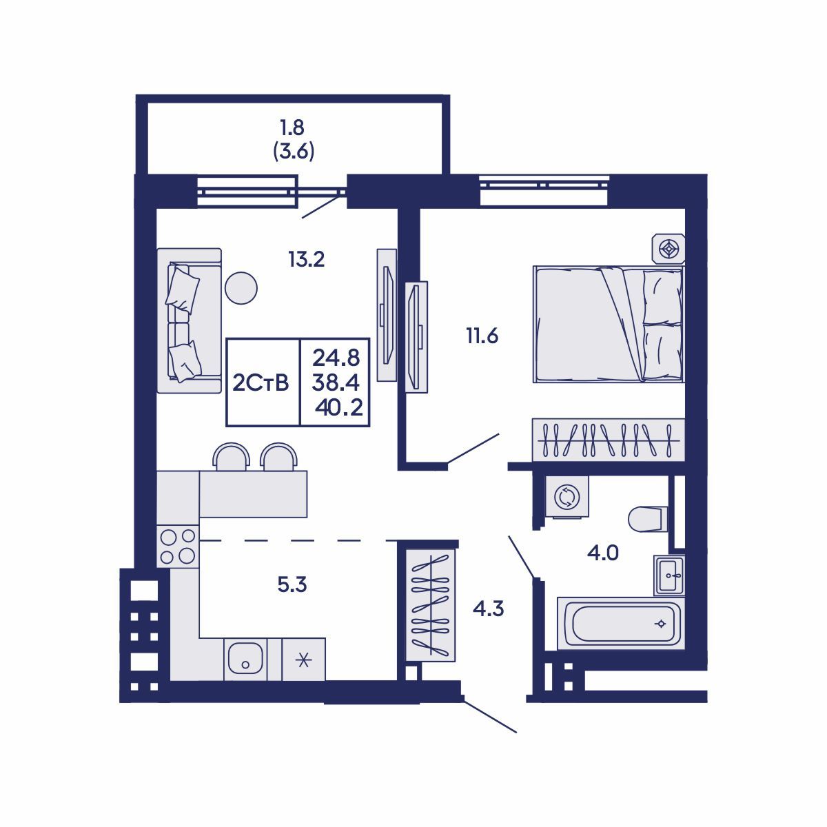 2-комнатная, 40.2 м², № 686 в GORIZONT (Горизонт)