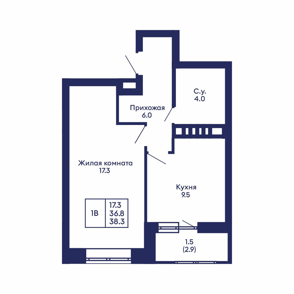1-комнатная, 38.3 м², № 700 в GORIZONT (Горизонт)