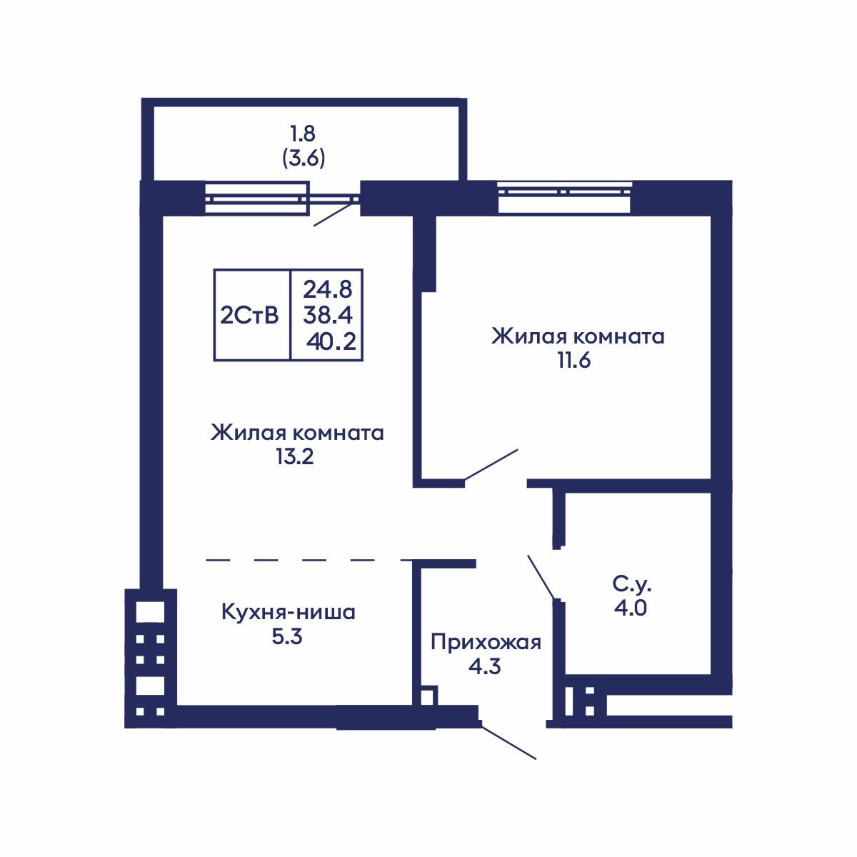 2-комнатная, 40.2 м², № 697 в GORIZONT (Горизонт)
