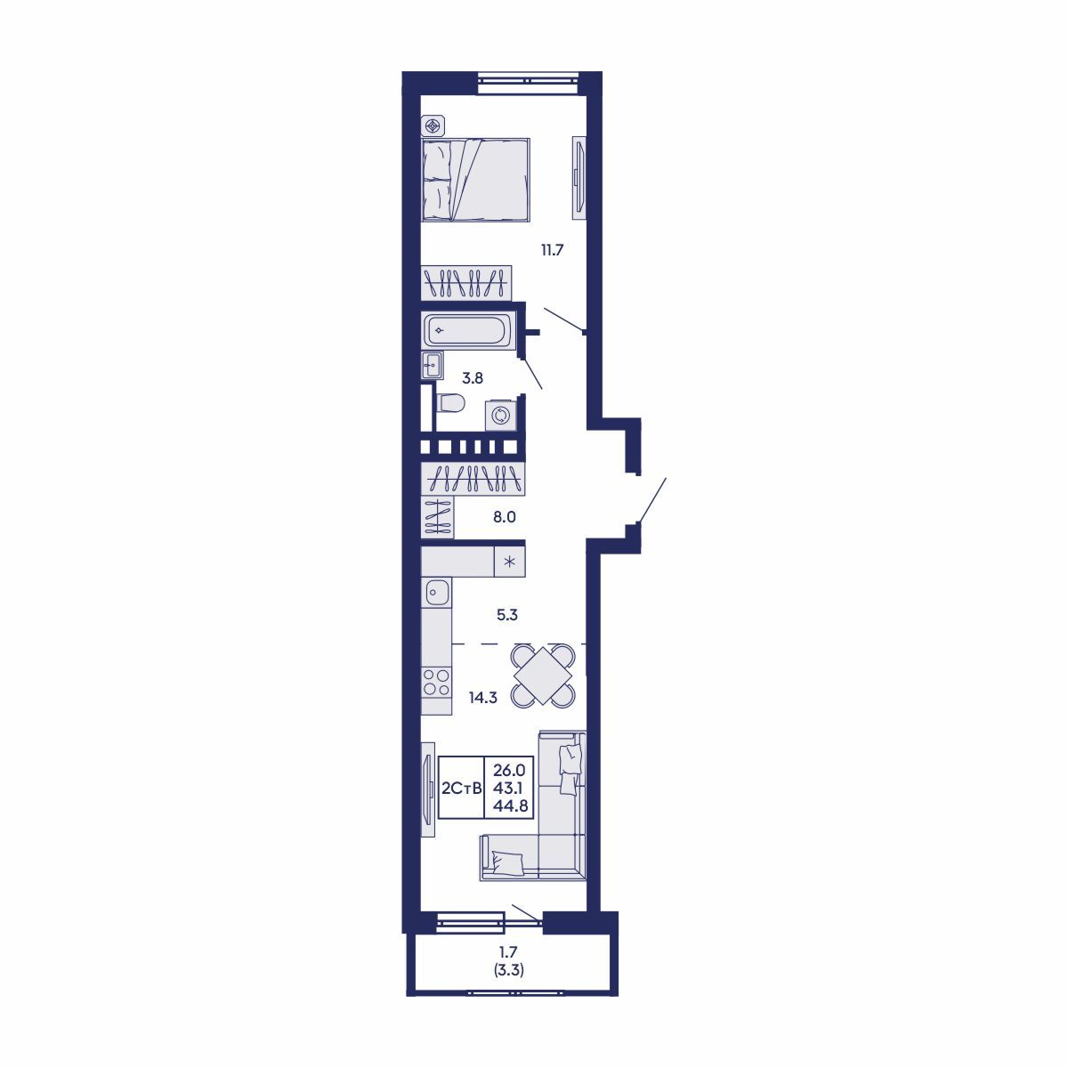 2-комнатная, 44.8 м², № 822 в GORIZONT (Горизонт)