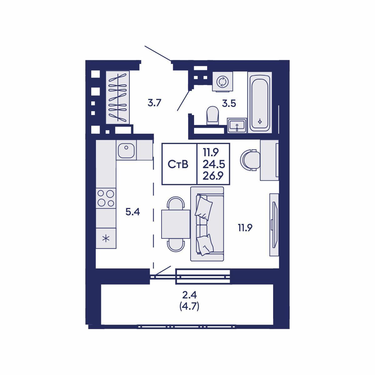 Студия, 26.9 м², № 624 в GORIZONT (Горизонт)