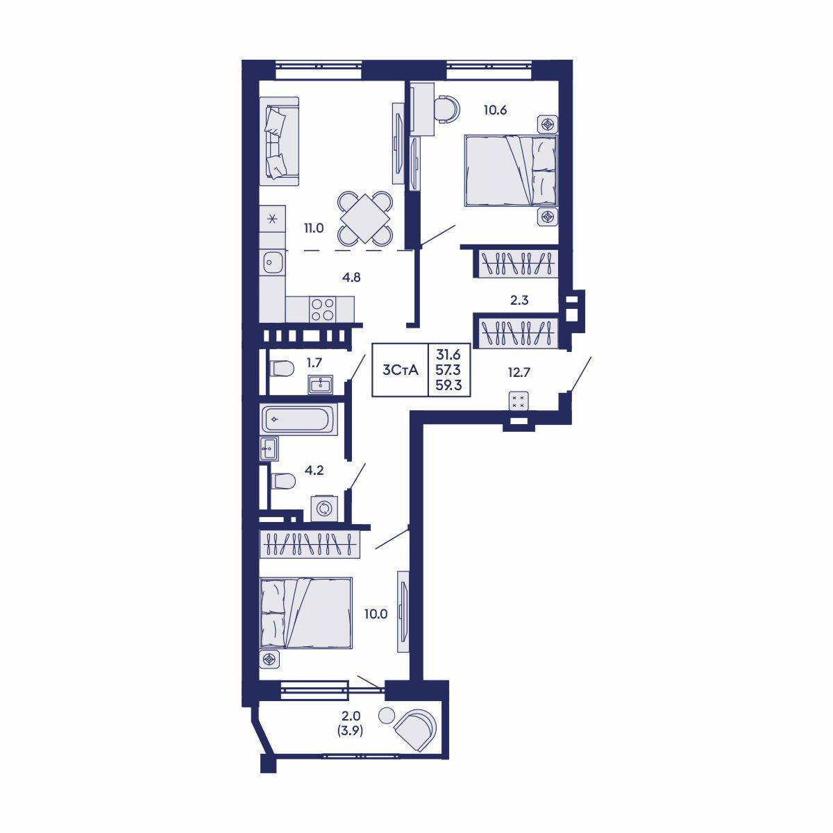 3-комнатная, 59.3 м², № 683 в GORIZONT (Горизонт)