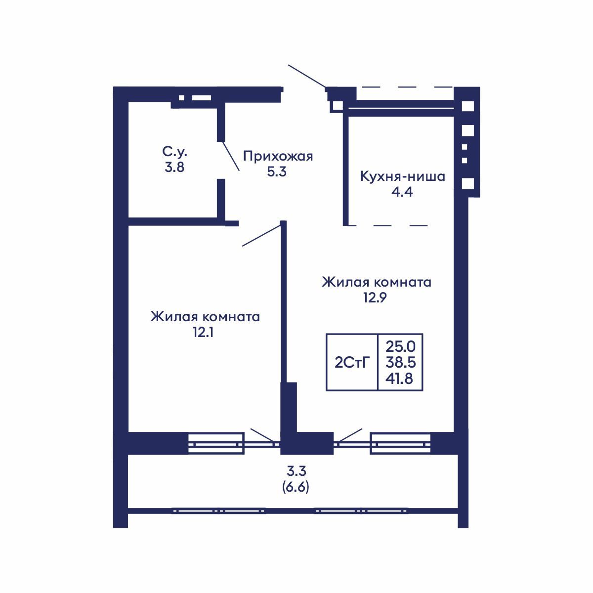 2-комнатная, 41.8 м², № 647 в GORIZONT (Горизонт)