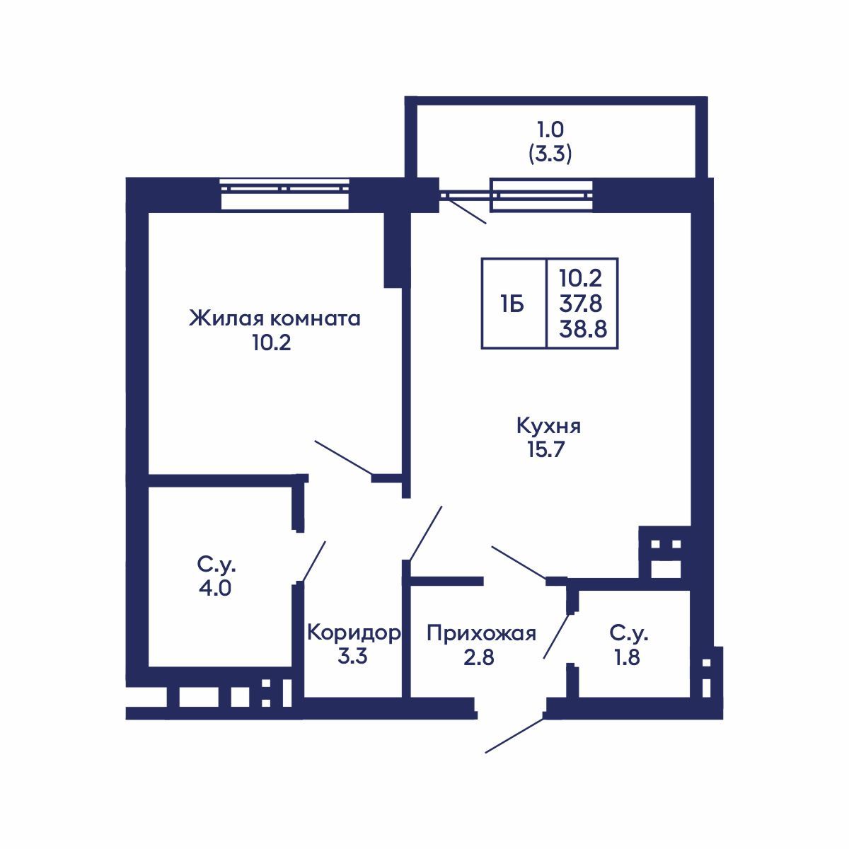 1-комнатная, 38.8 м², № 687 в GORIZONT (Горизонт)