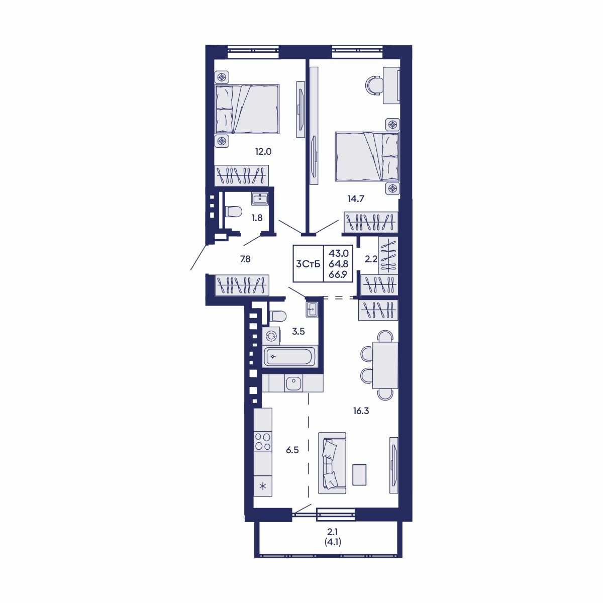 3-комнатная, 66.9 м², № 764 в GORIZONT (Горизонт)