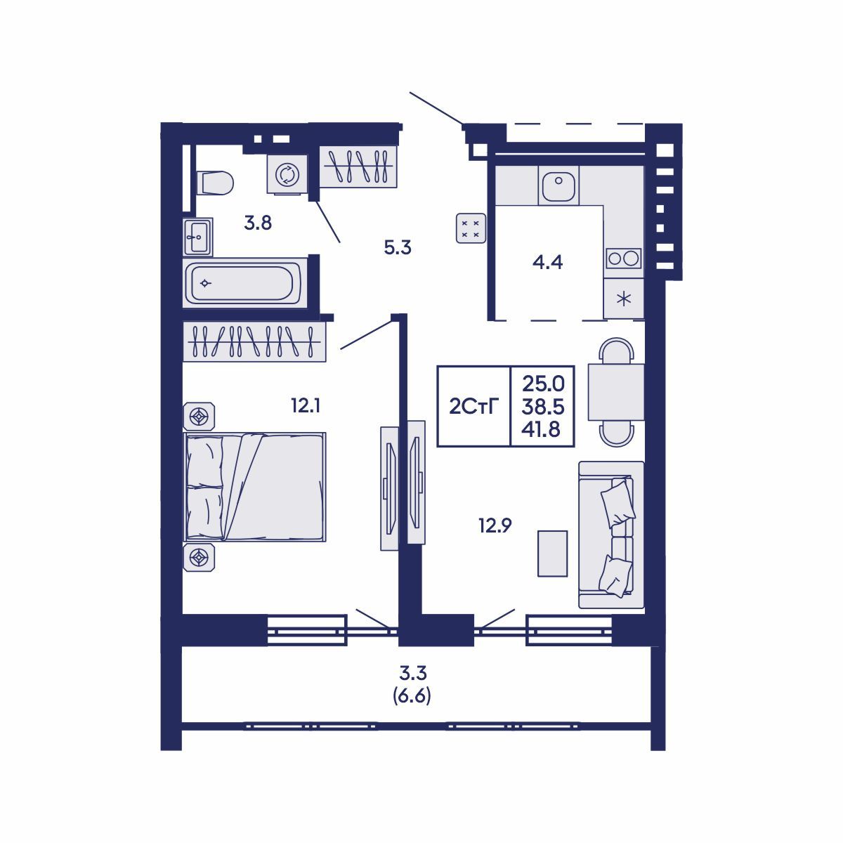 2-комнатная, 41.8 м², № 581 в GORIZONT (Горизонт)