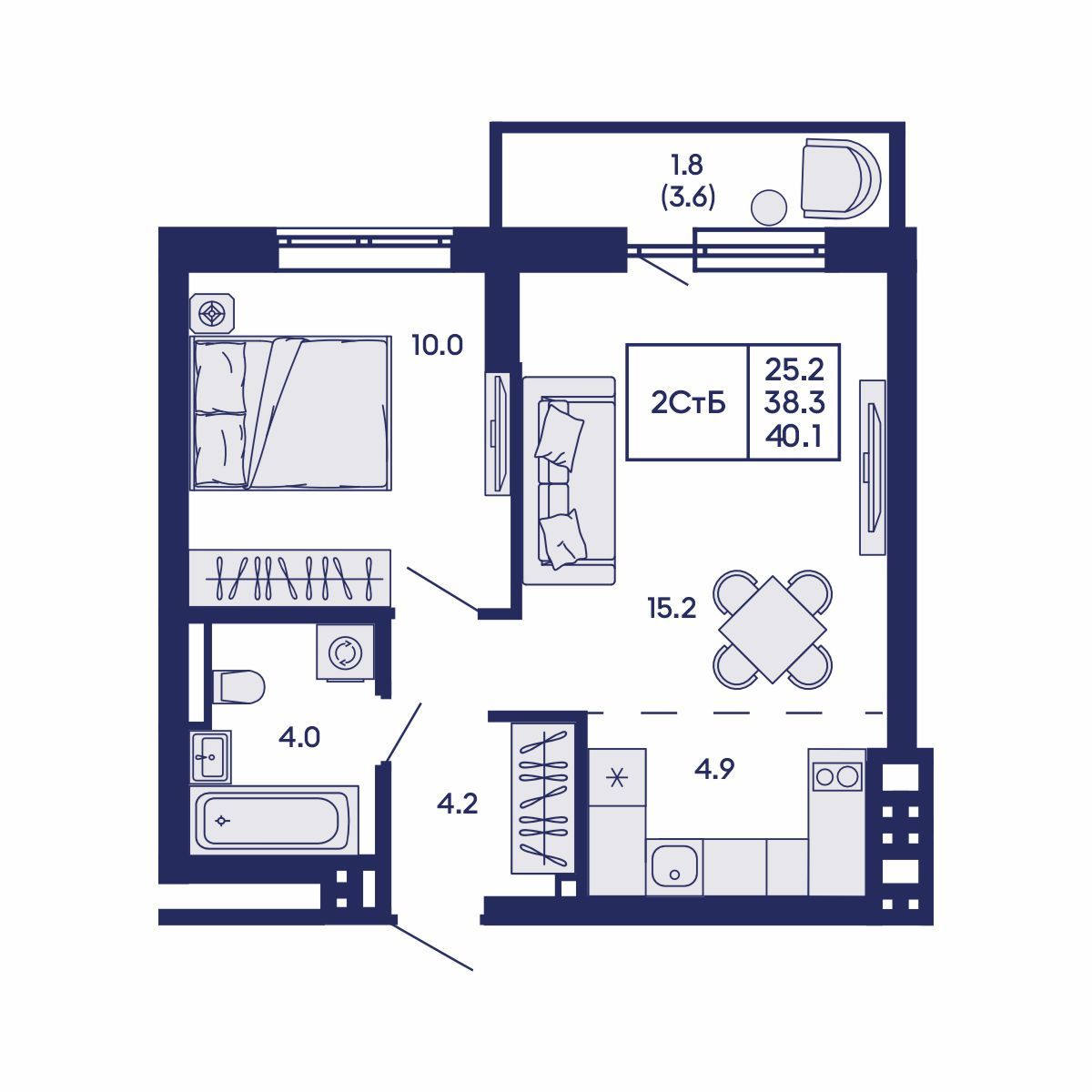 2-комнатная, 40.1 м², № 674 в GORIZONT (Горизонт)