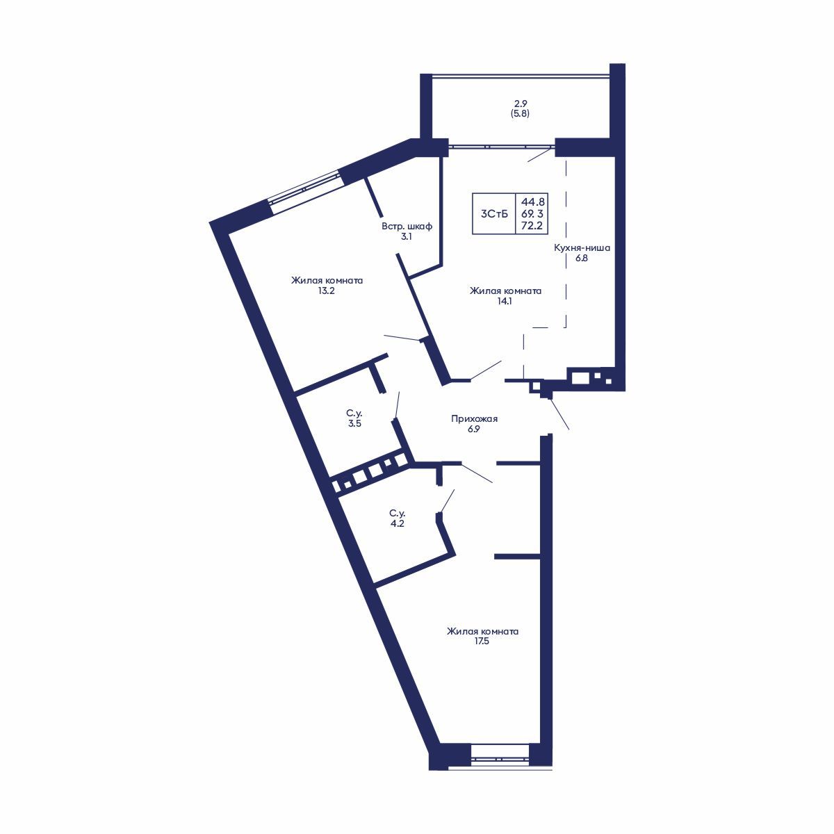3-комнатная, 72.2 м², № 556 в GORIZONT (Горизонт)