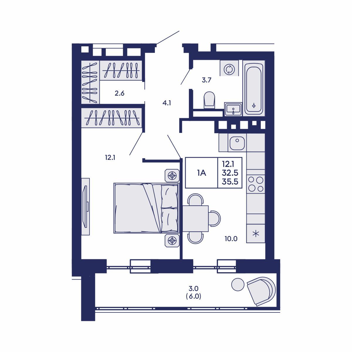 1-комнатная, 35.5 м², № 535 в GORIZONT (Горизонт)