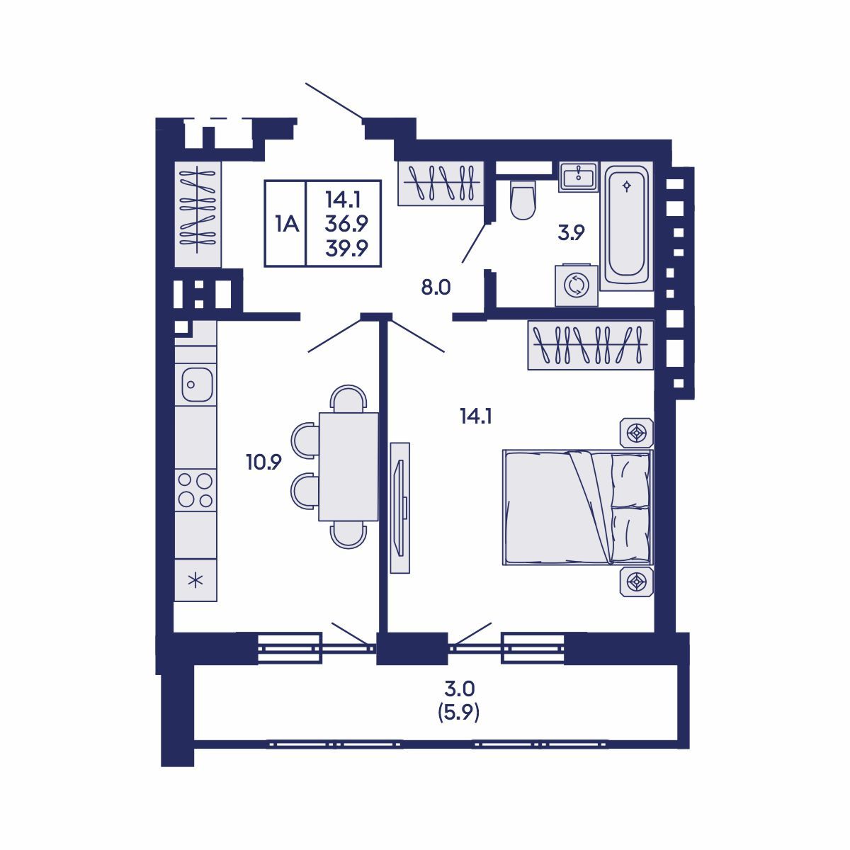 1-комнатная, 39.9 м², № 828 в GORIZONT (Горизонт)