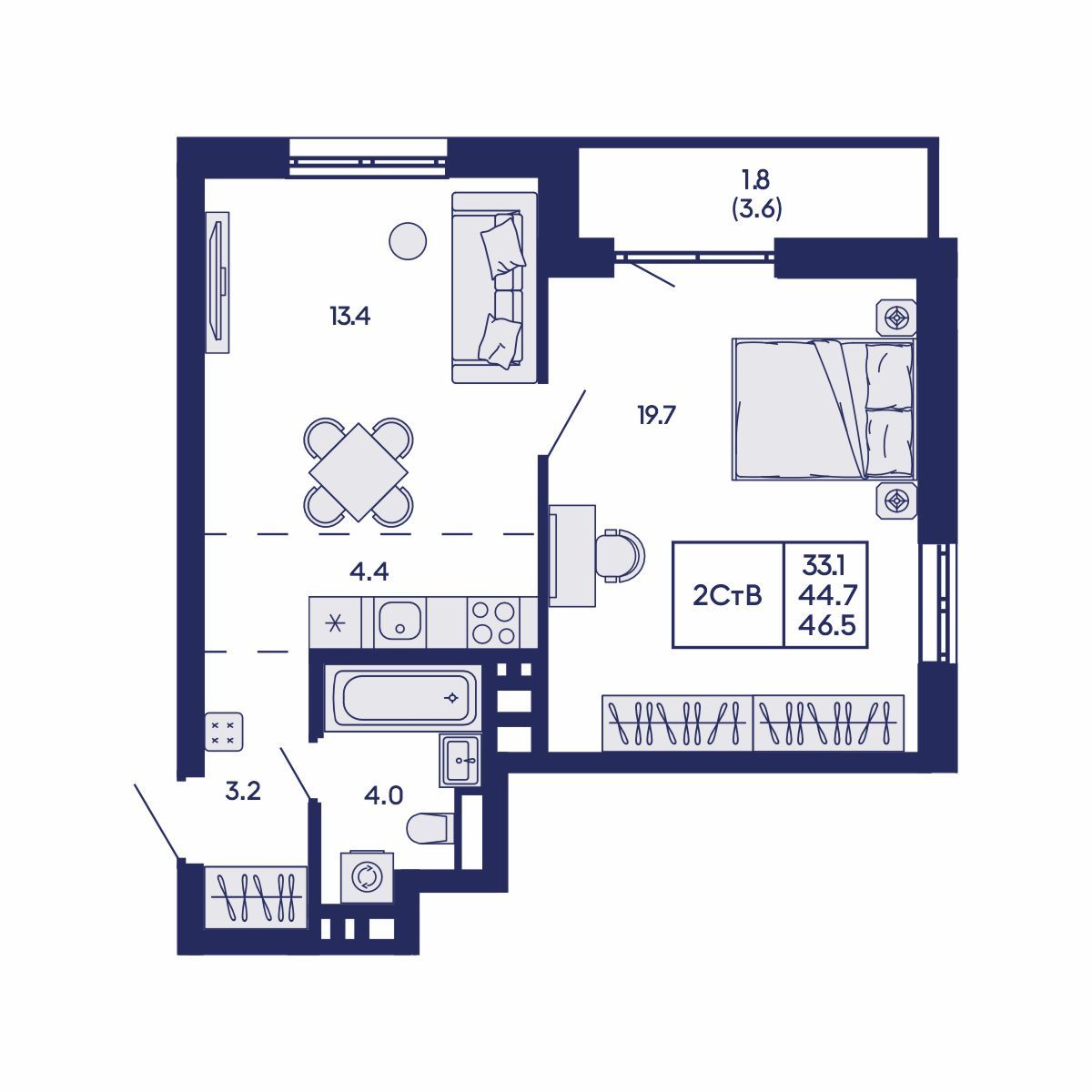 Студия, 46.5 м², № 909 в GORIZONT (Горизонт)