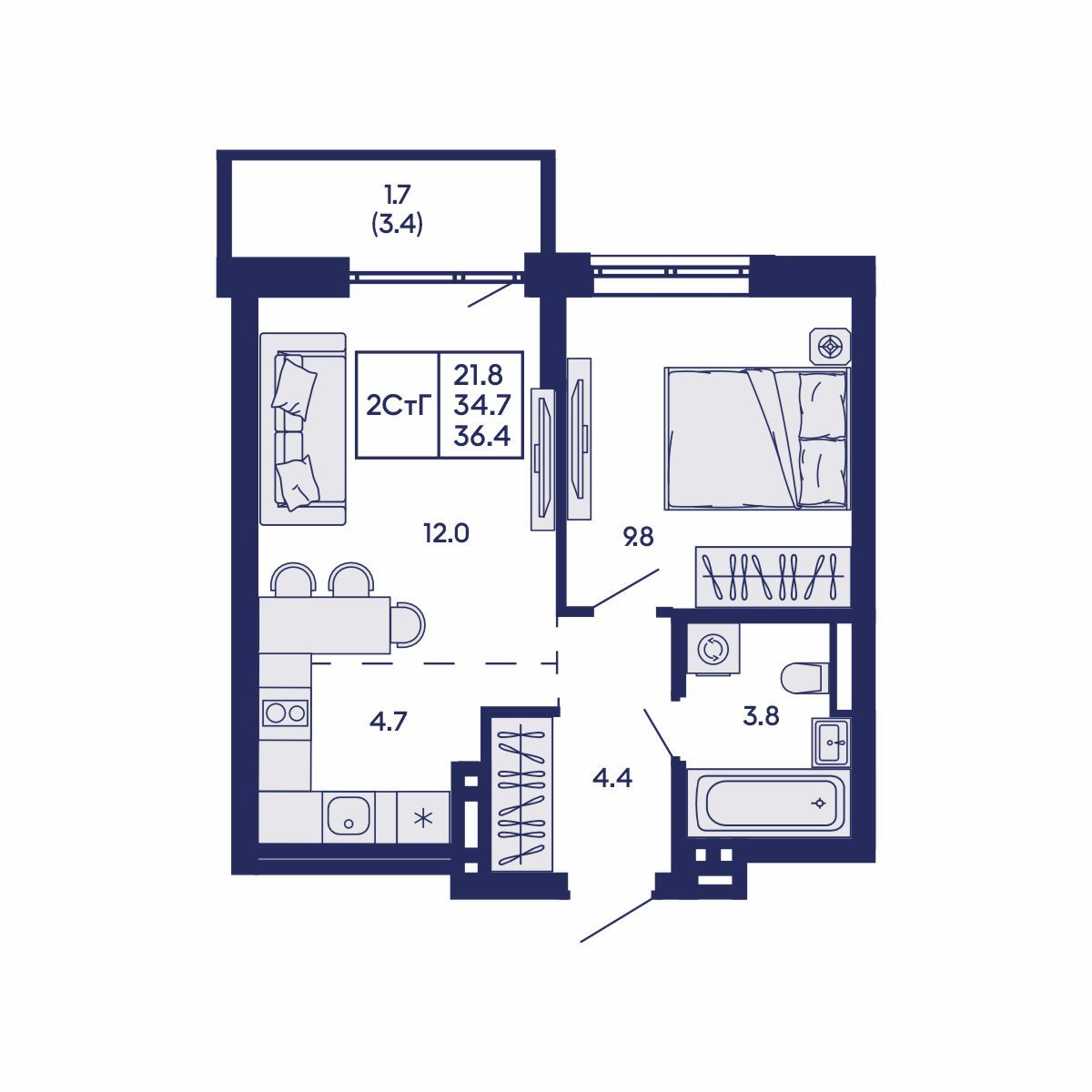 2-комнатная, 36.4 м², № 789 в GORIZONT (Горизонт)