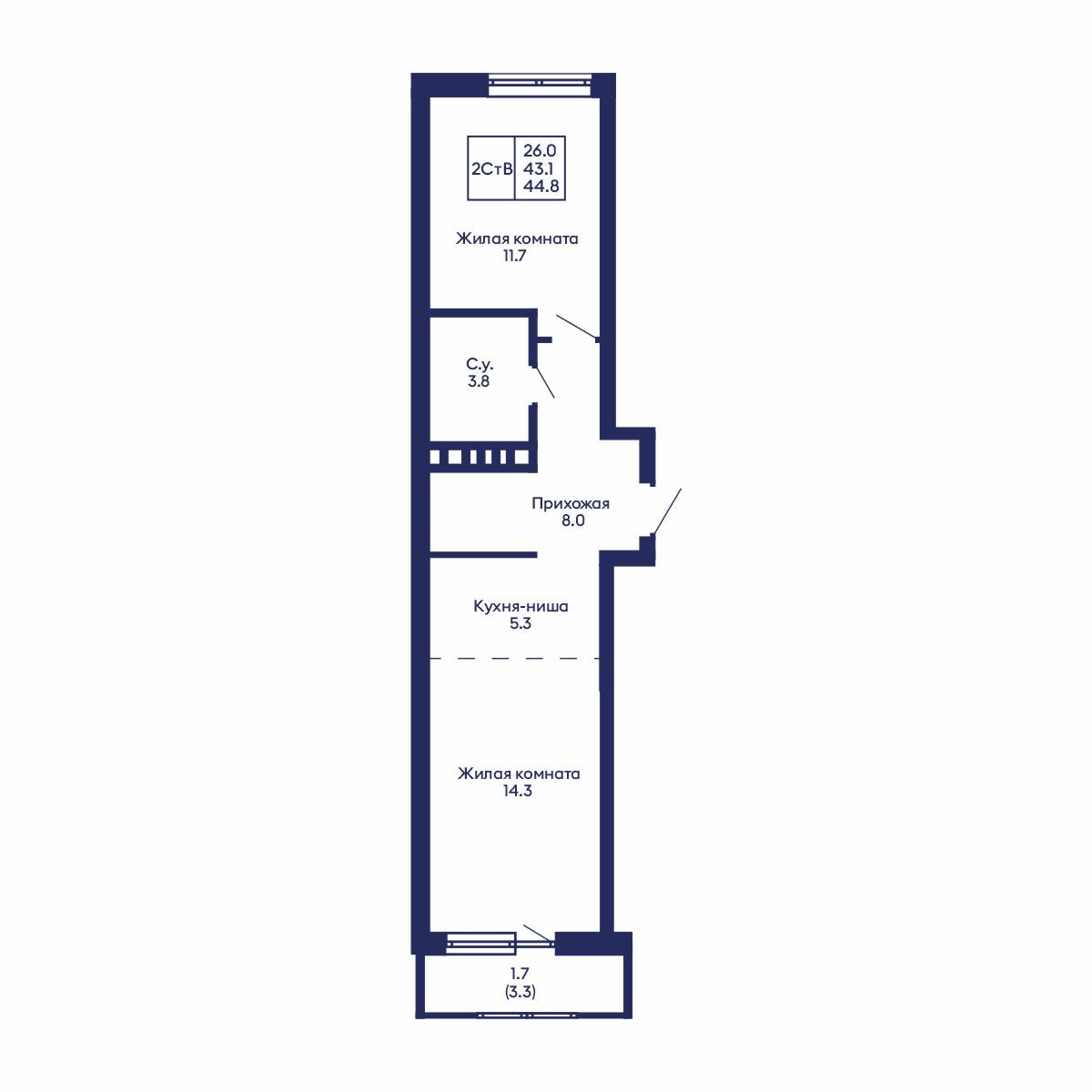 2-комнатная, 44.8 м², № 822 в GORIZONT (Горизонт)