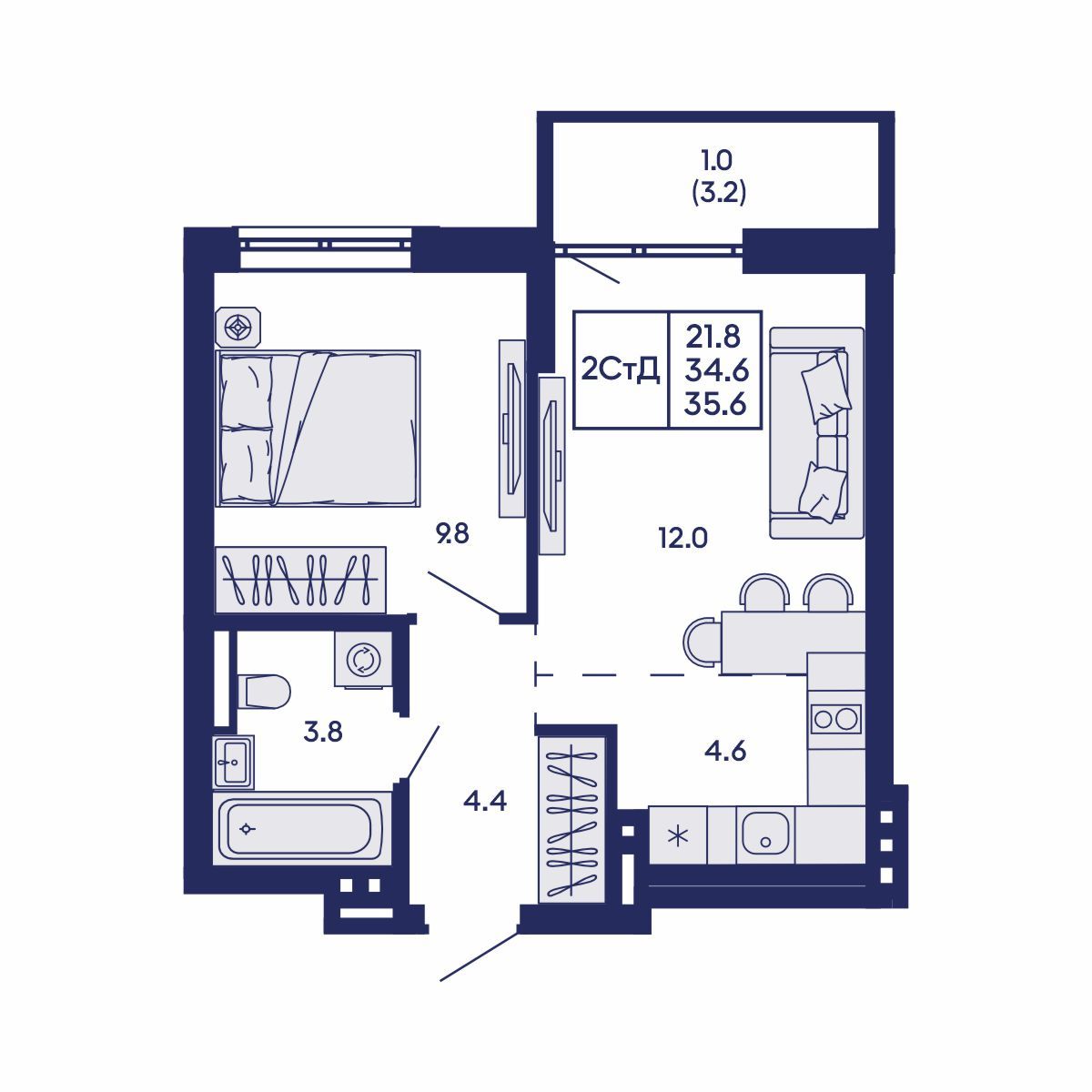 2-комнатная, 35.6 м², № 817 в GORIZONT (Горизонт)