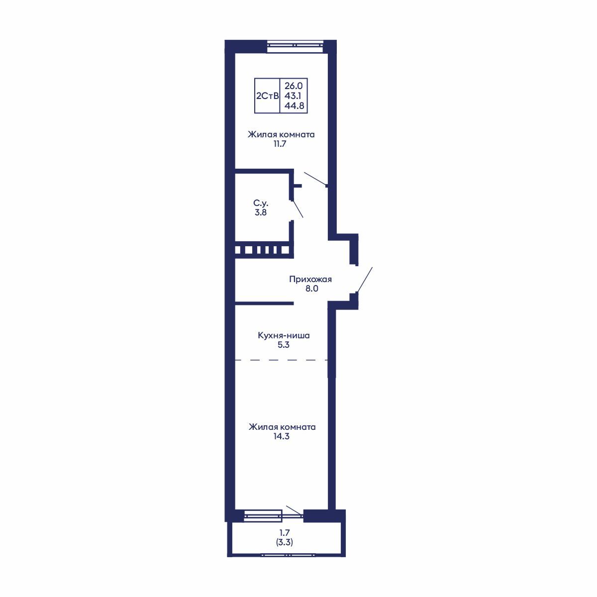 2-комнатная, 44.8 м², № 813 в GORIZONT (Горизонт)