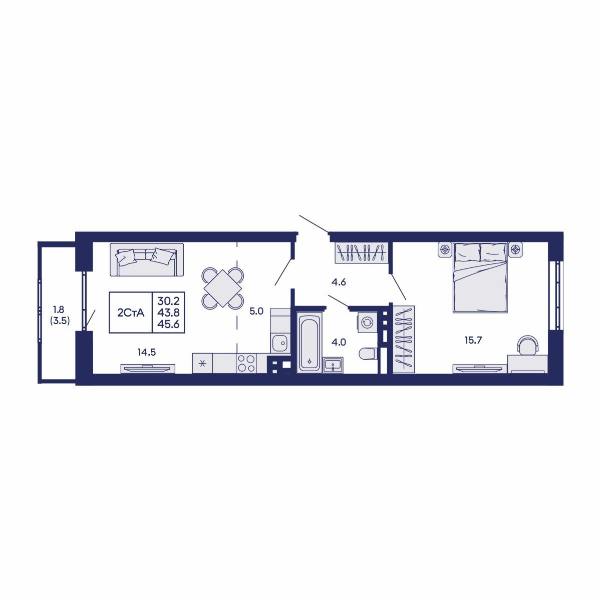 2-комнатная, 45.6 м², № 870 в GORIZONT (Горизонт)
