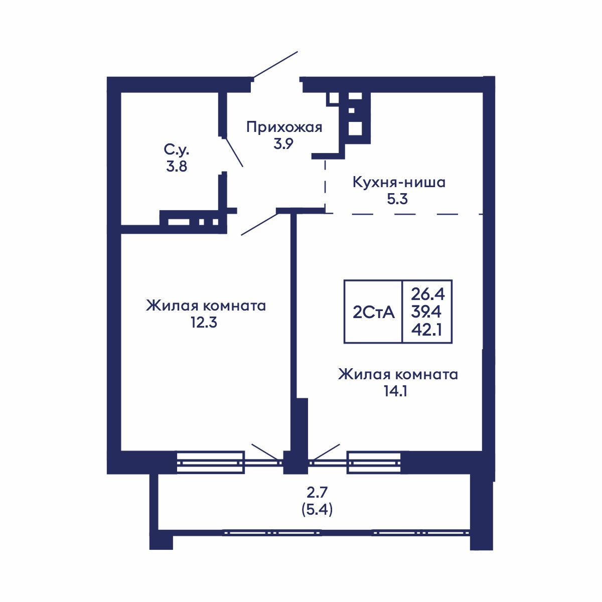 2-комнатная, 42.1 м², № 784 в GORIZONT (Горизонт)