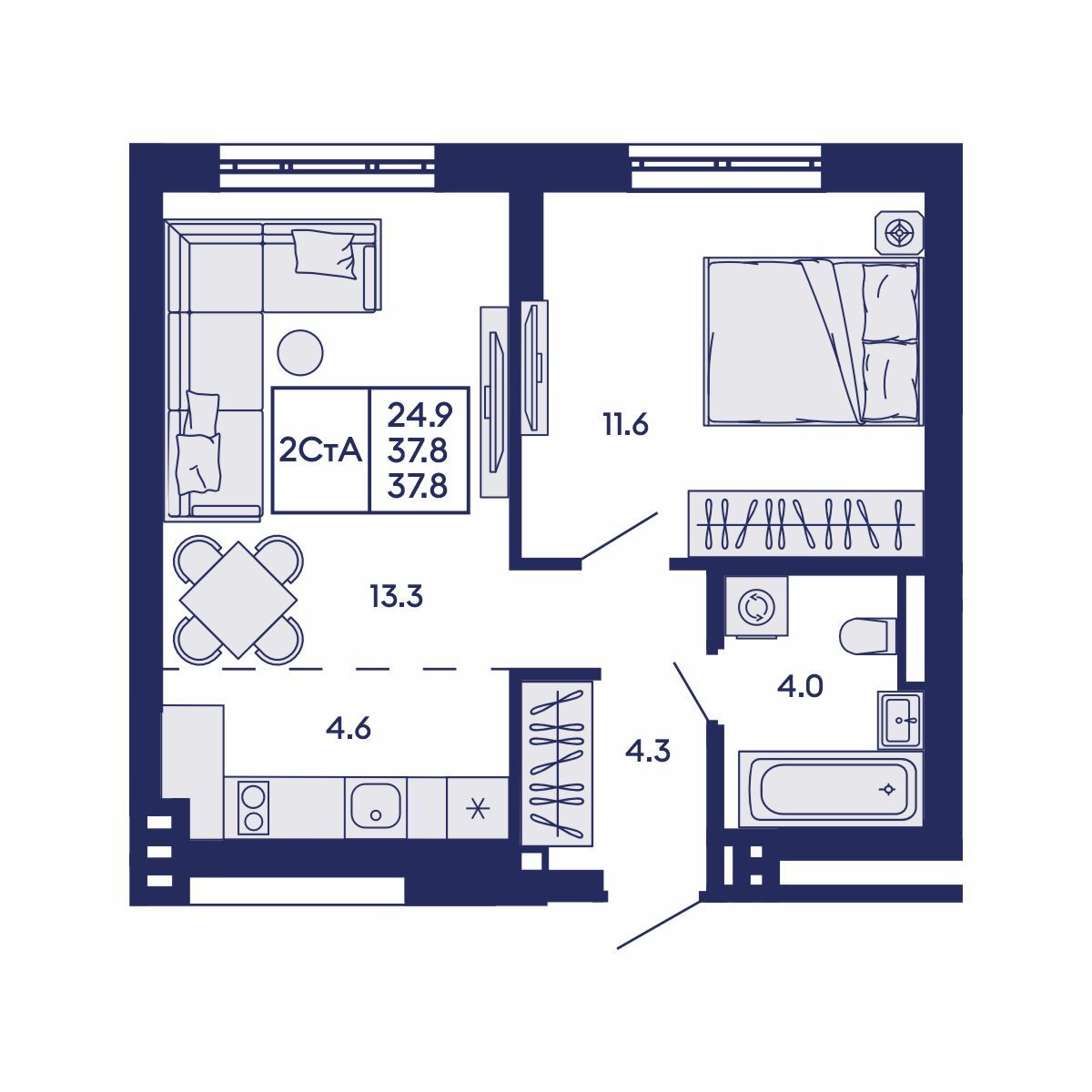 2-комнатная, 37.8 м², № 564 в GORIZONT (Горизонт)