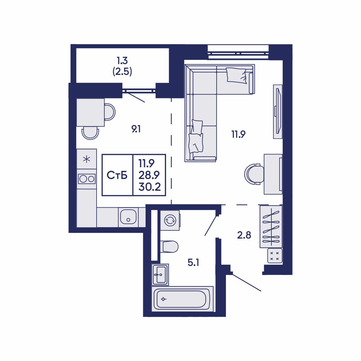 Студия, 30.2 м², № 922 в GORIZONT (Горизонт)