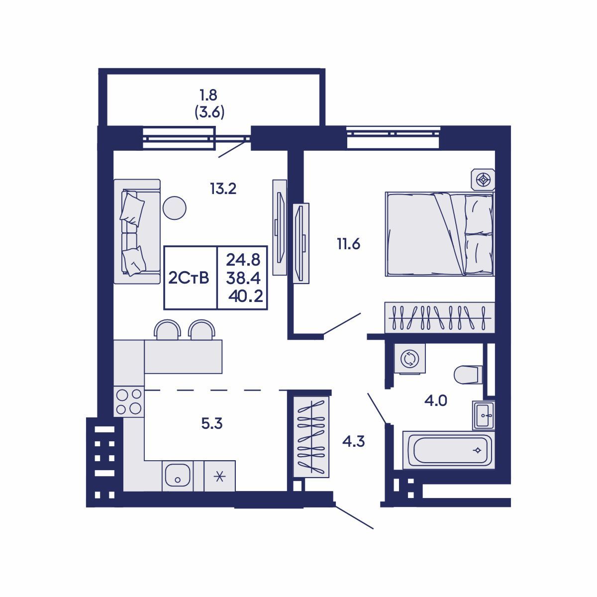 2-комнатная, 40.2 м², № 587 в GORIZONT (Горизонт)