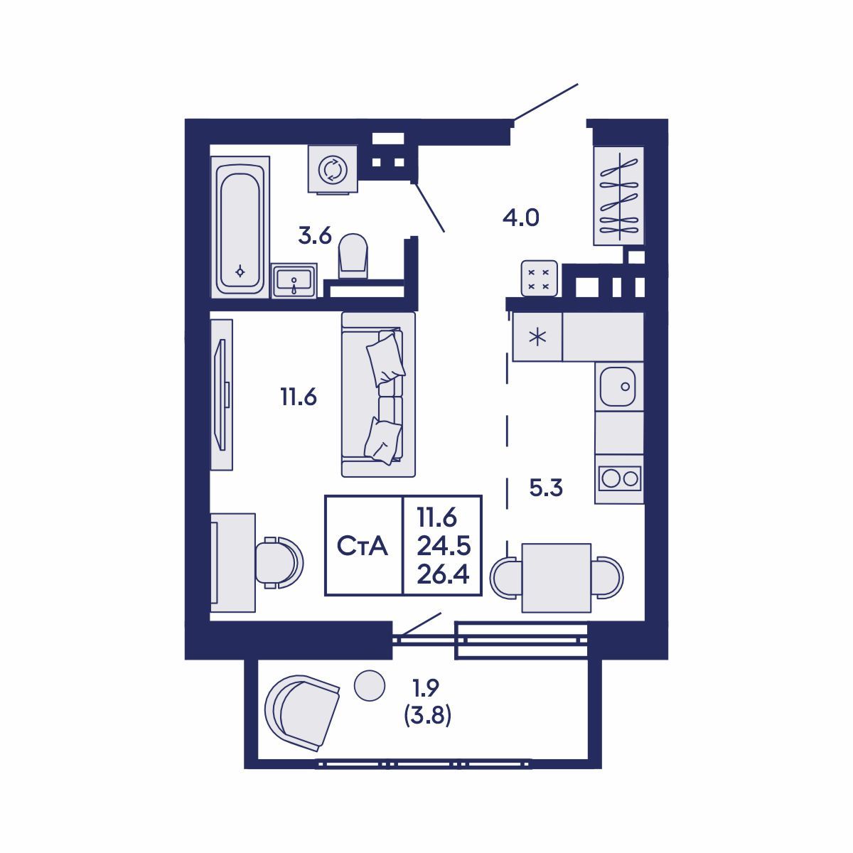 Студия, 26.4 м², № 682 в GORIZONT (Горизонт)