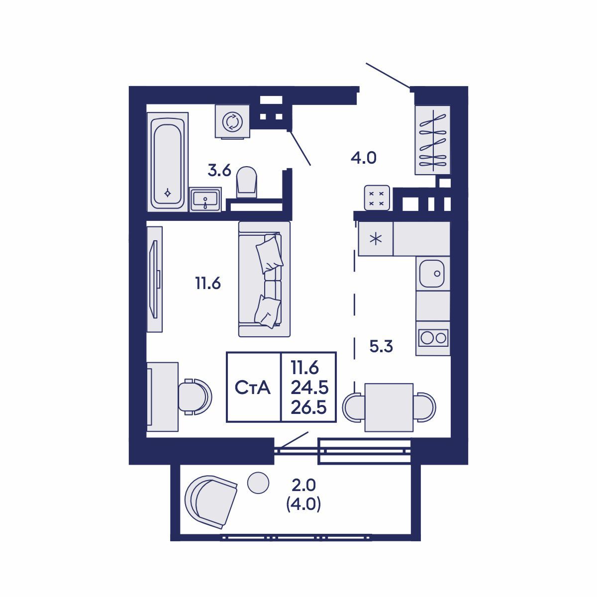 Студия, 26.5 м², № 616 в GORIZONT (Горизонт)