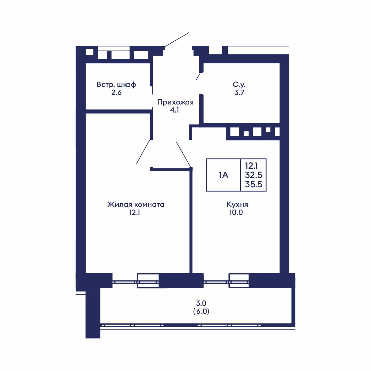 1-комнатная, 35.5 м², № 535 в GORIZONT (Горизонт)
