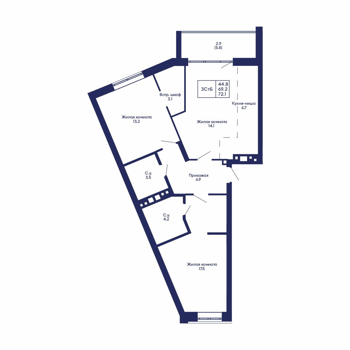 3-комнатная, 72.1 м², № 560 в GORIZONT (Горизонт)