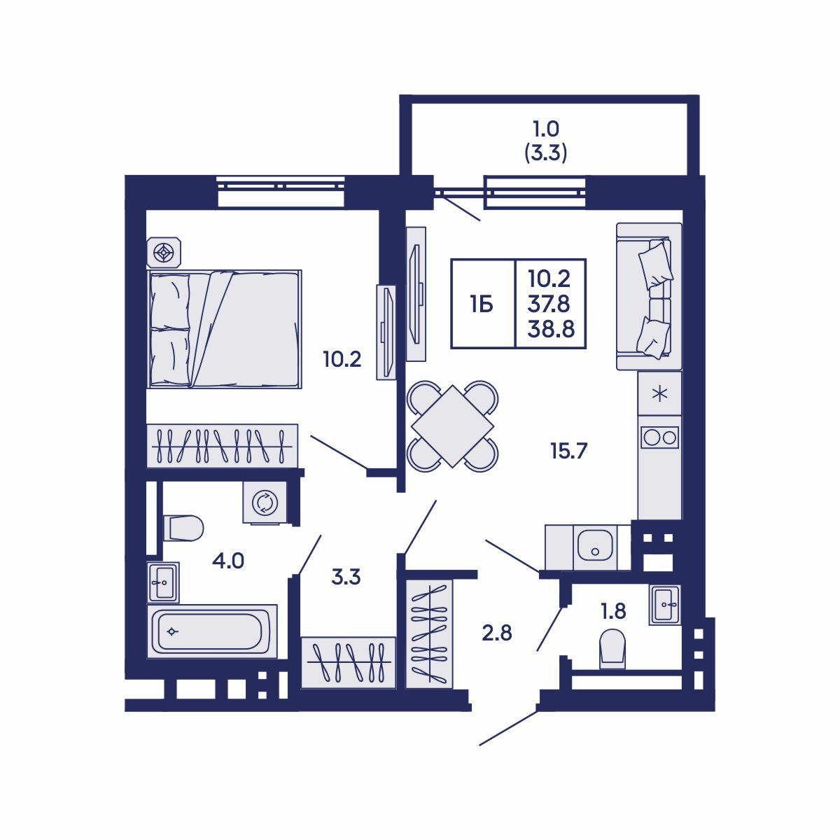 1-комнатная, 38.8 м², № 698 в GORIZONT (Горизонт)