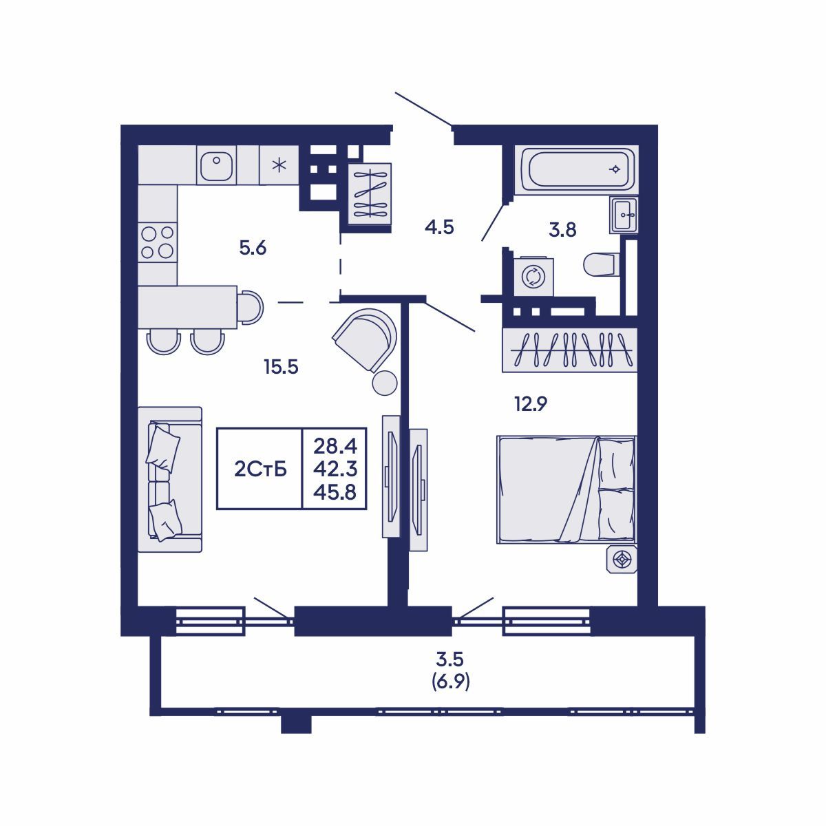 2-комнатная, 45.8 м², № 812 в GORIZONT (Горизонт)