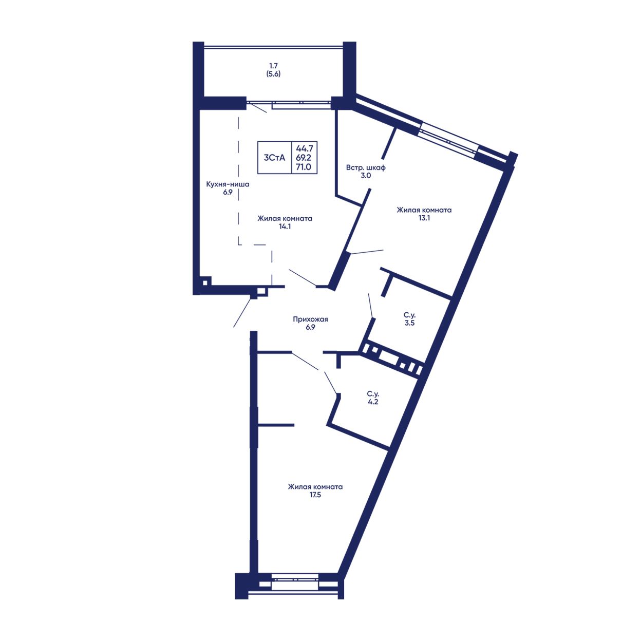 3-комнатная, 71 м², № 509 в GORIZONT (Горизонт)